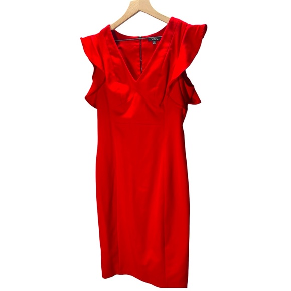 XOXO Red Pencil Dress With Ruffle Sleeves Size 9/10 - Picture 3 of 5